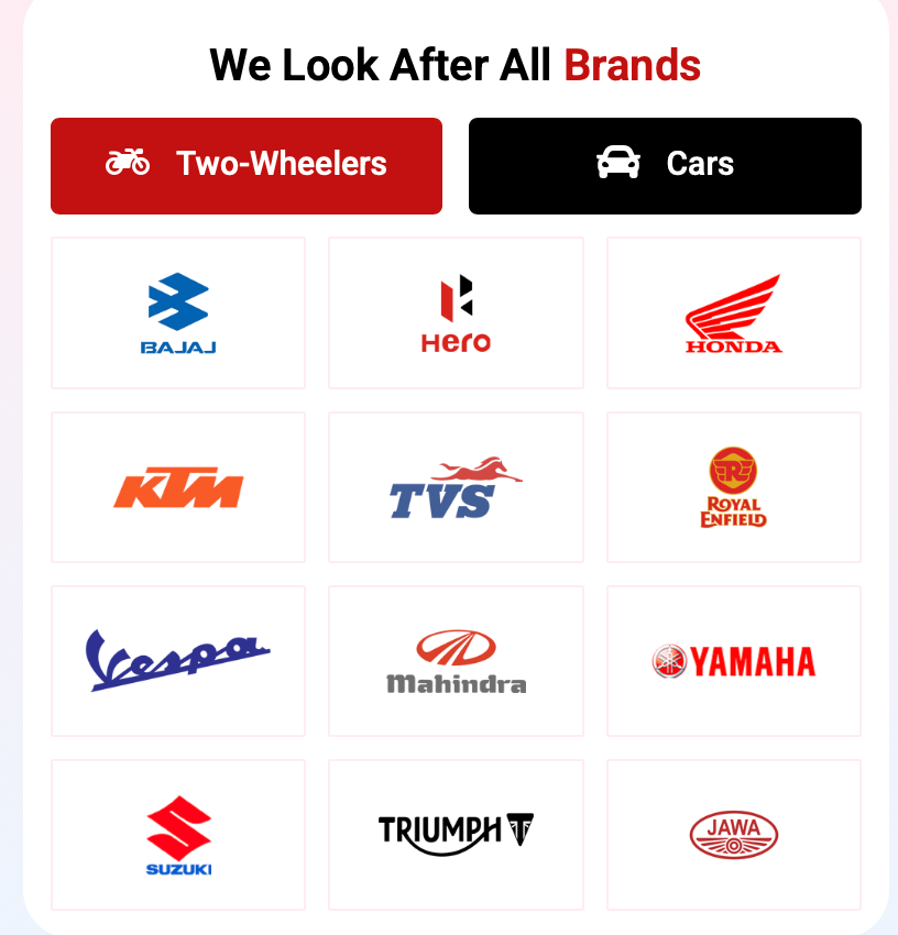 Brands We Service - Bajaj, Hero, Honda, KTM, TVS, Royal Enfield, Vespa, Mahindra, Yamaha, Suzuki, Triumph, Jawa